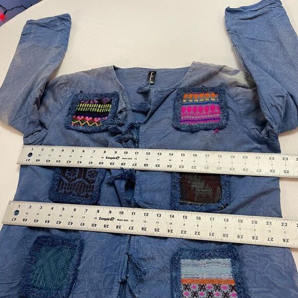 SACRED THREADS Women's Blue Chambray Patchwork Aztec Jacket Boho Sz L/XL - Picture 3 of 9